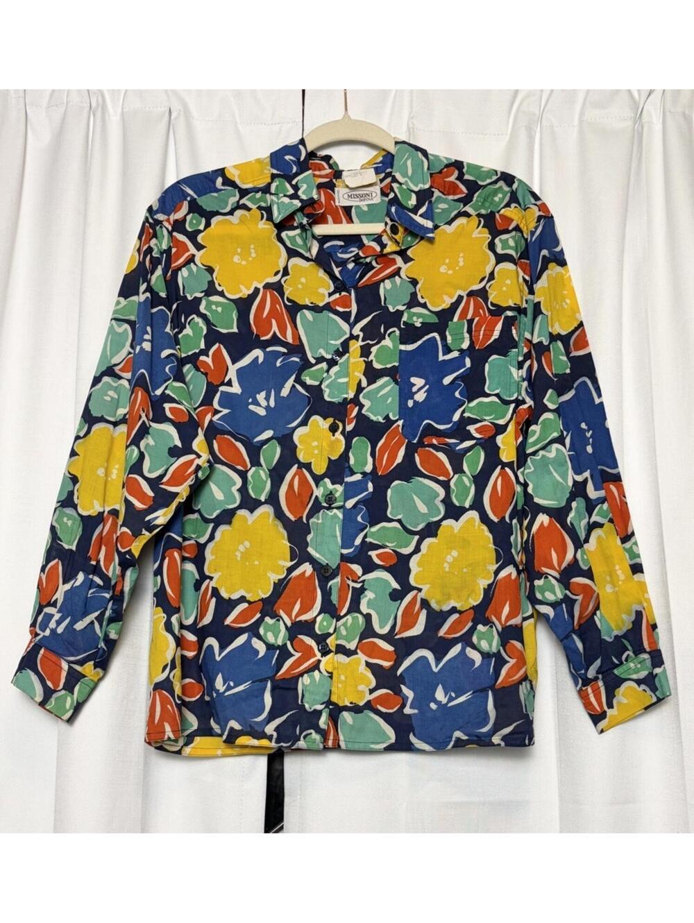 Missoni 1980s Vintage Cotton Floral Collared Button Down Blouse. Small.